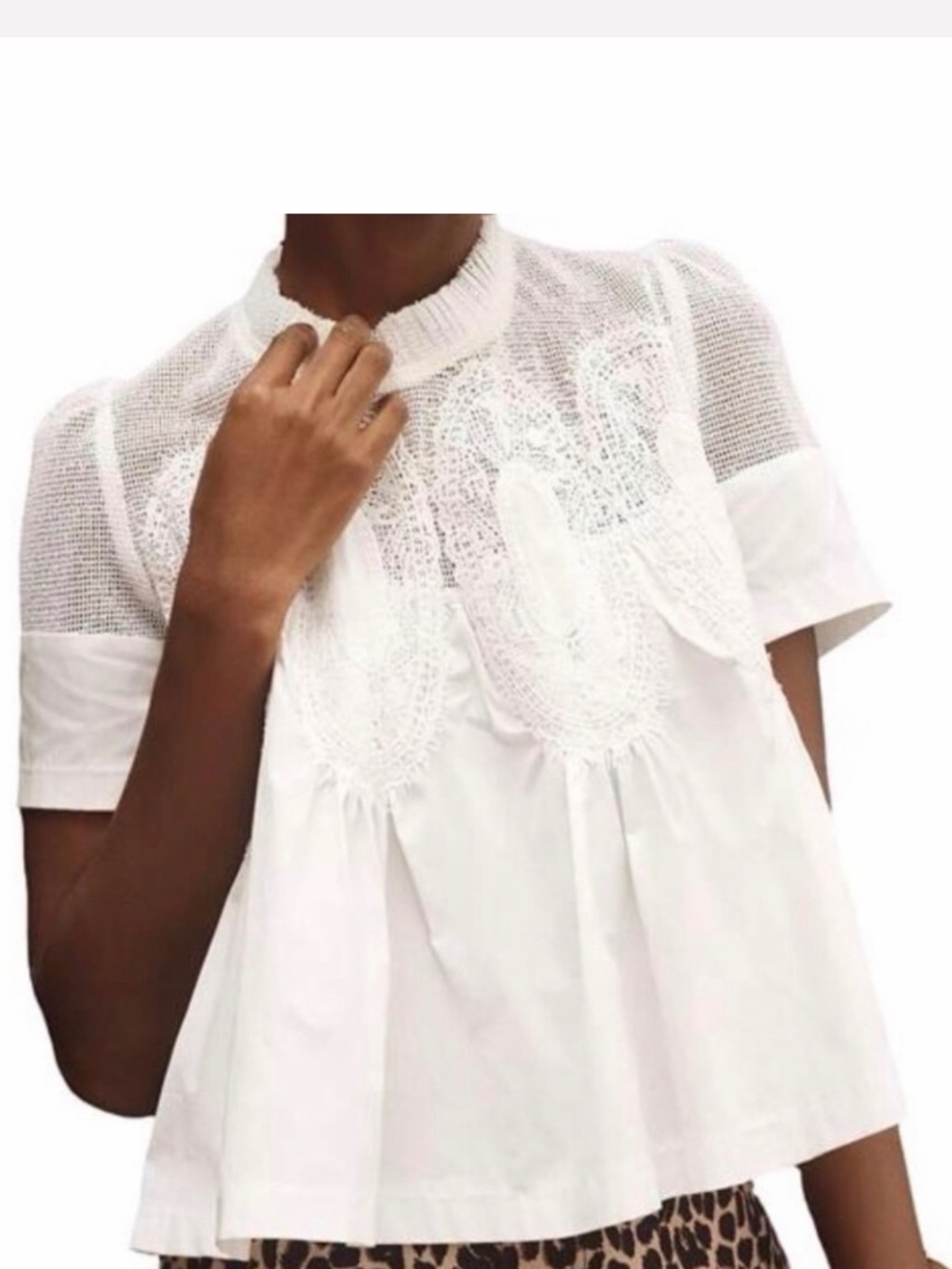 White Lace-Yoke Short Sleeve Women's Top
